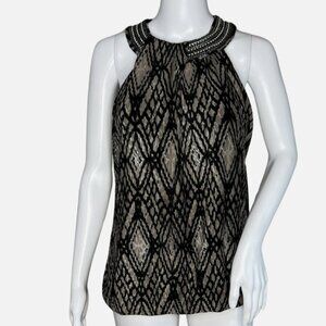 Alfani Womens Sleeveless Top Black/Tan Geo Print  Beaded Neckline Size P/L or M